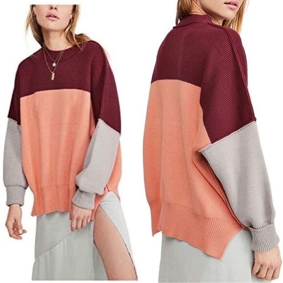 Free People Sweater Easy Street Colorblock Oversized  Mock Neck Women Sz XS - Picture 1 of 12
